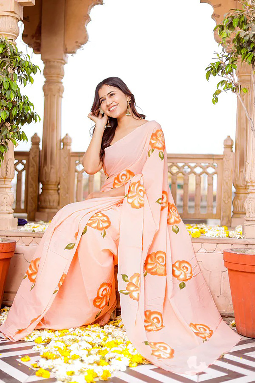 PICHI HAND PAINT PRIMUM SOFT ORIGNAL PURE MUSLIN SILK PEACH SAREE