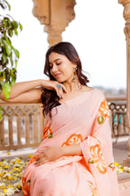 PICHI HAND PAINT PRIMUM SOFT ORIGNAL PURE MUSLIN SILK PEACH SAREE