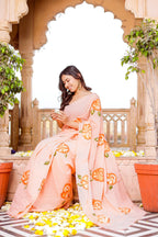 PICHI HAND PAINT PRIMUM SOFT ORIGNAL PURE MUSLIN SILK PEACH SAREE