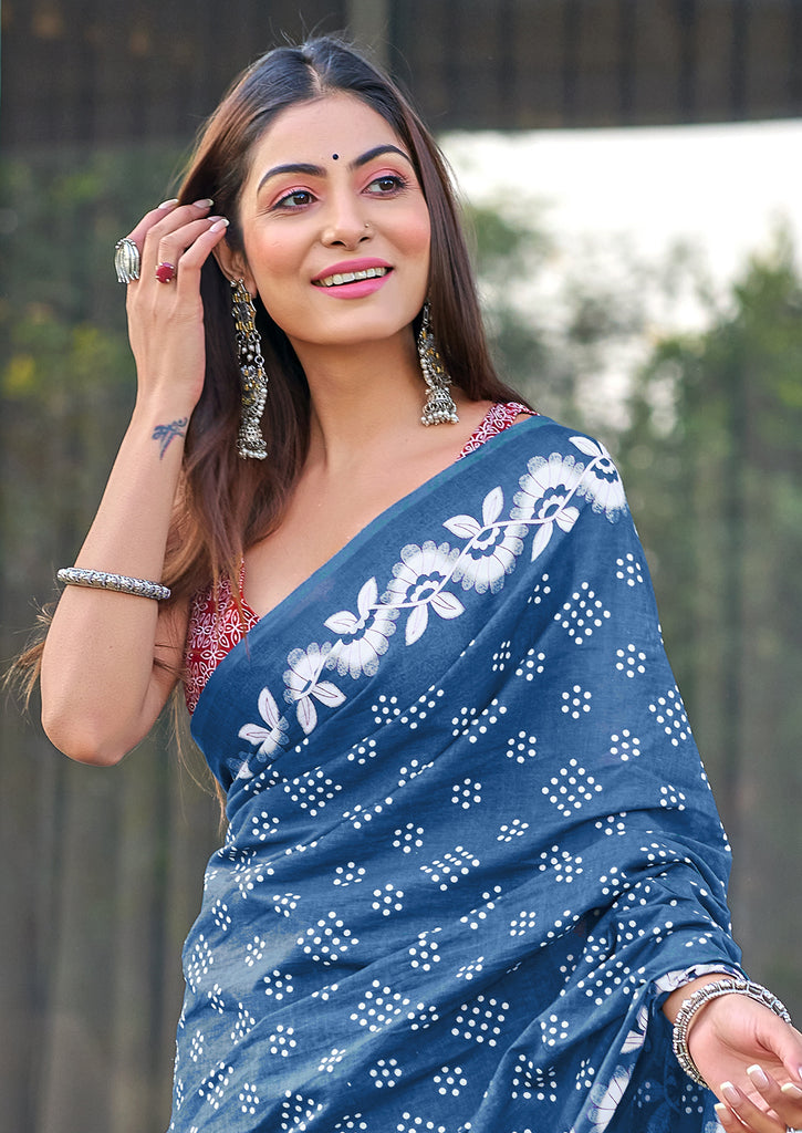 CHURI HAND BLOCK PRINT MULMUL COTTON BLUE SAREE