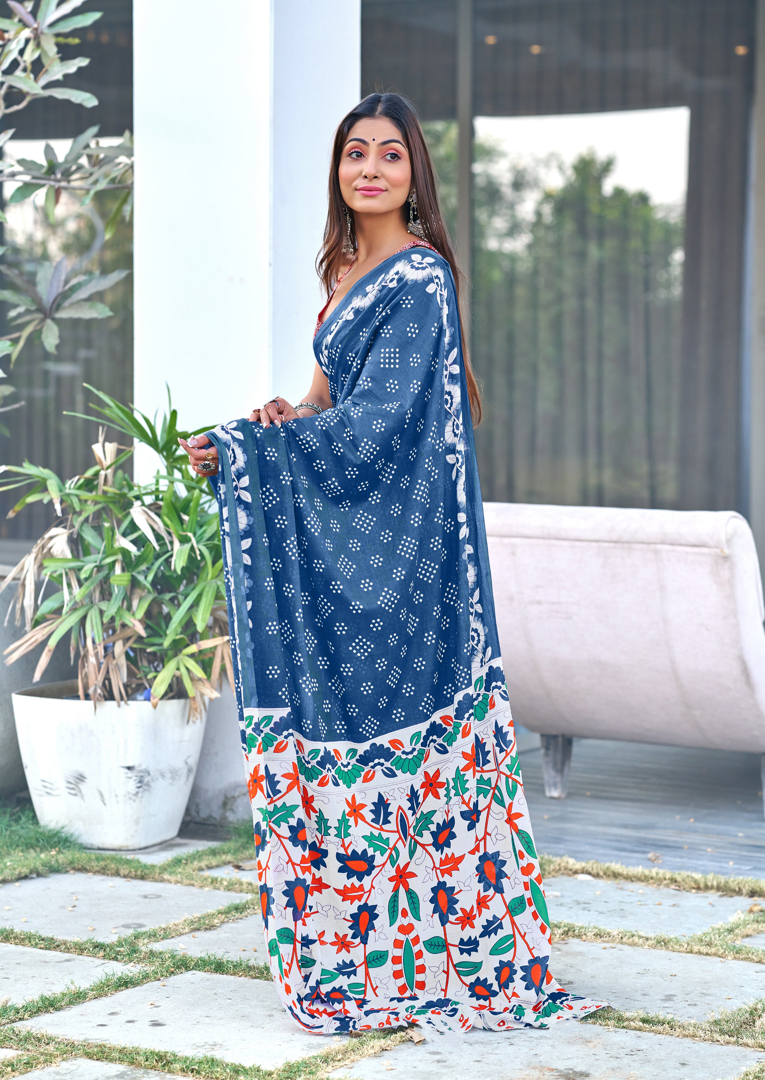 CHURI HAND BLOCK PRINT MULMUL COTTON BLUE SAREE