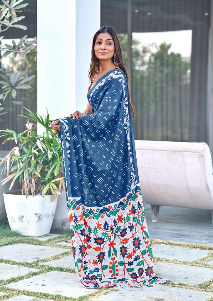 CHURI HAND BLOCK PRINT MULMUL COTTON BLUE SAREE