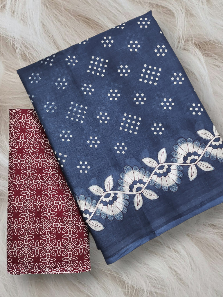 CHURI HAND BLOCK PRINT MULMUL COTTON BLUE SAREE