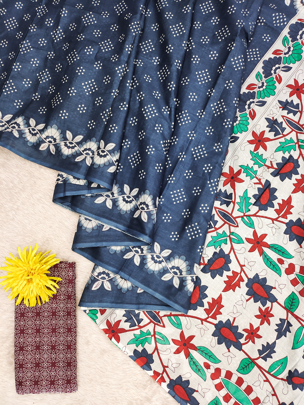 CHURI HAND BLOCK PRINT MULMUL COTTON BLUE SAREE