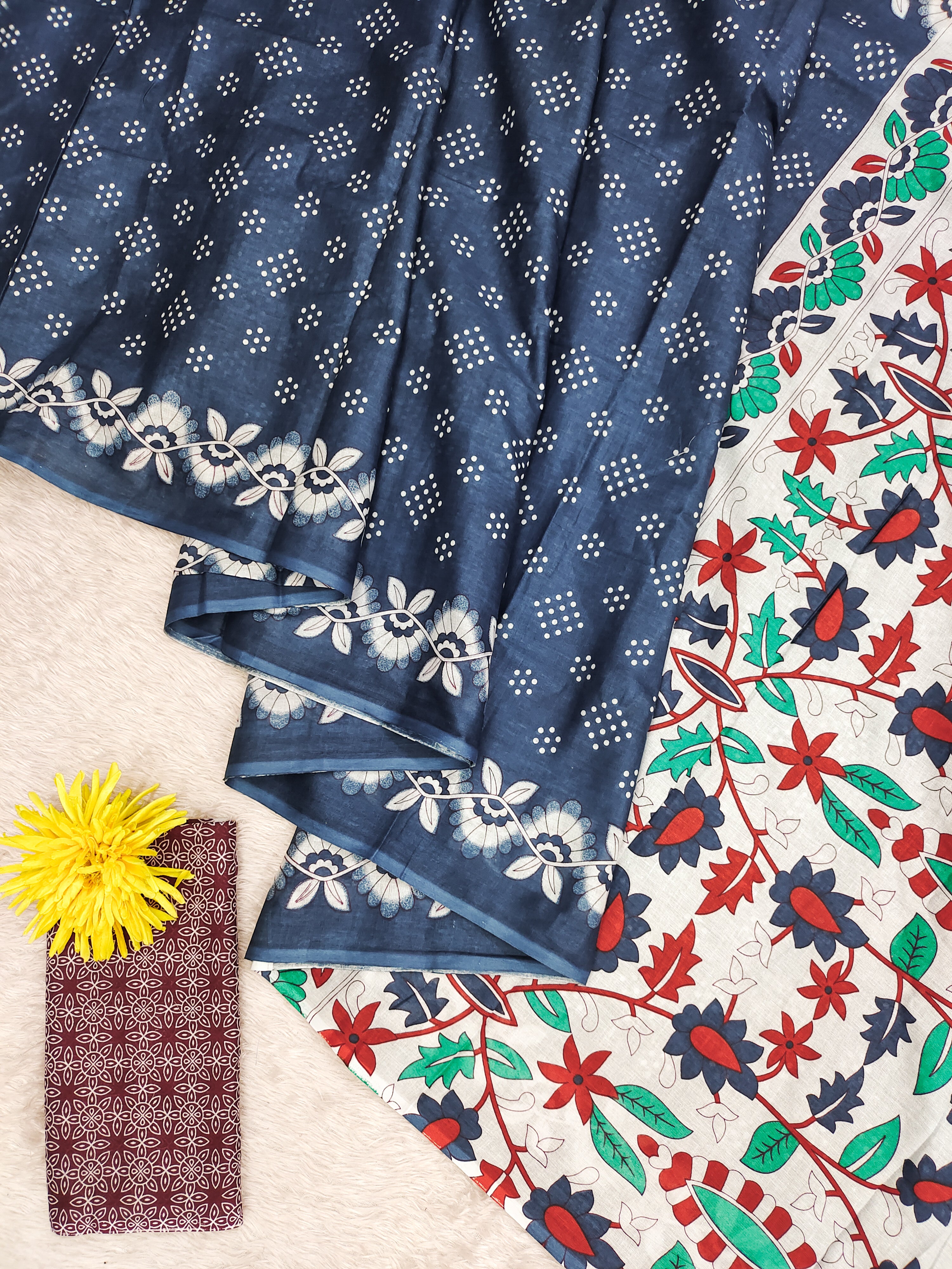 CHURI HAND BLOCK PRINT MULMUL COTTON BLUE SAREE