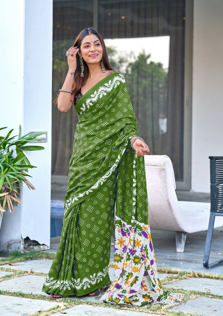 CHURI HAND BLOCK PRINT MULMUL COTTON GREEN SAREE