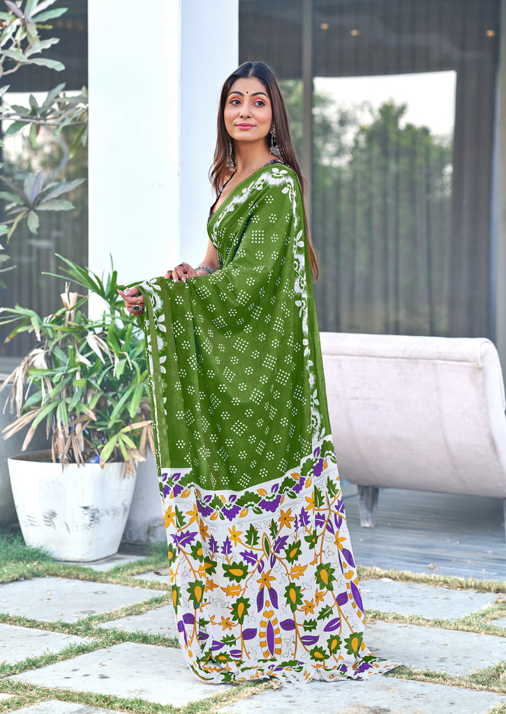 CHURI HAND BLOCK PRINT MULMUL COTTON GREEN SAREE