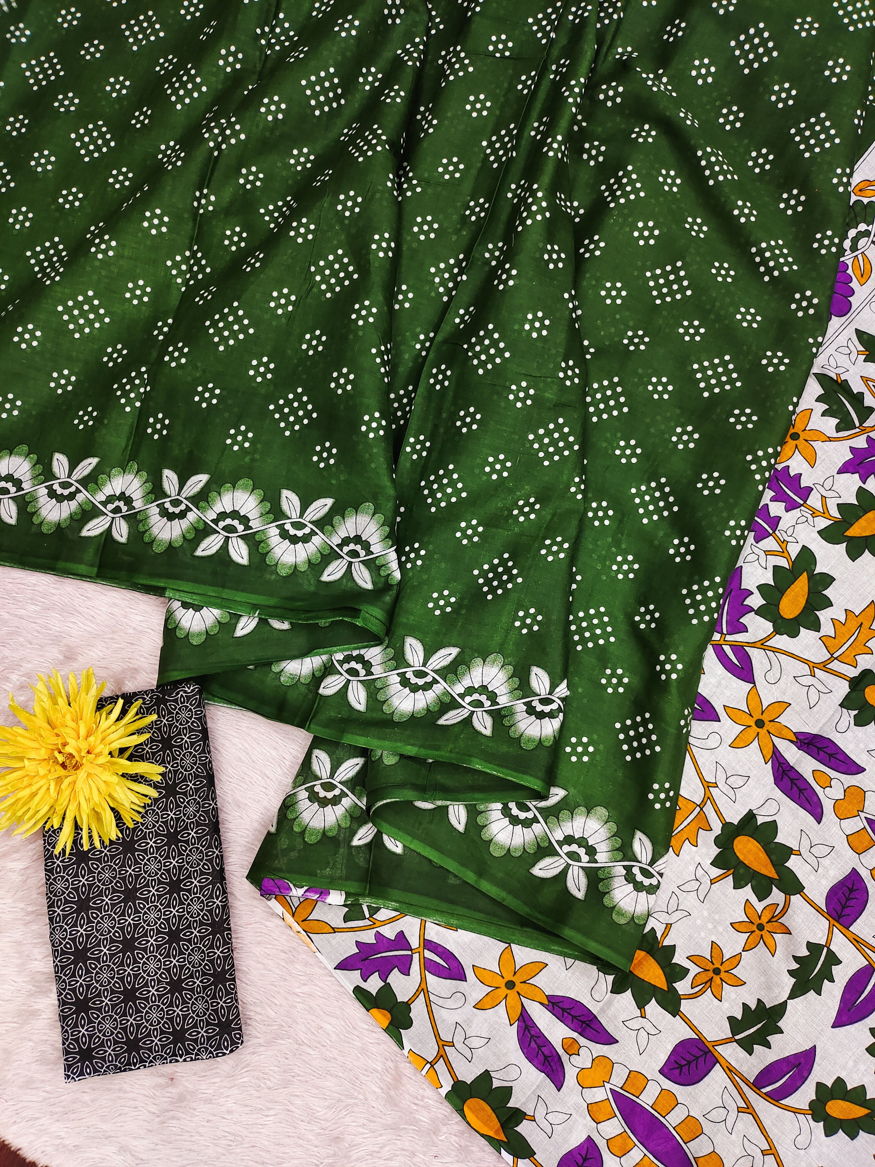 CHURI HAND BLOCK PRINT MULMUL COTTON GREEN SAREE