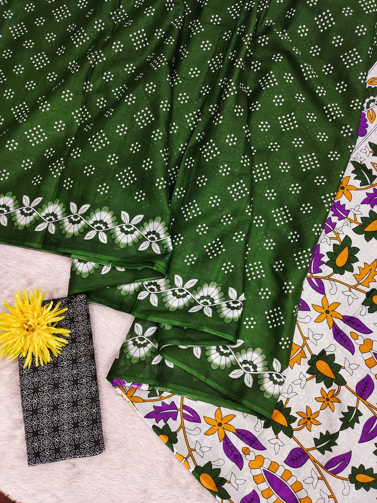 CHURI HAND BLOCK PRINT MULMUL COTTON GREEN SAREE