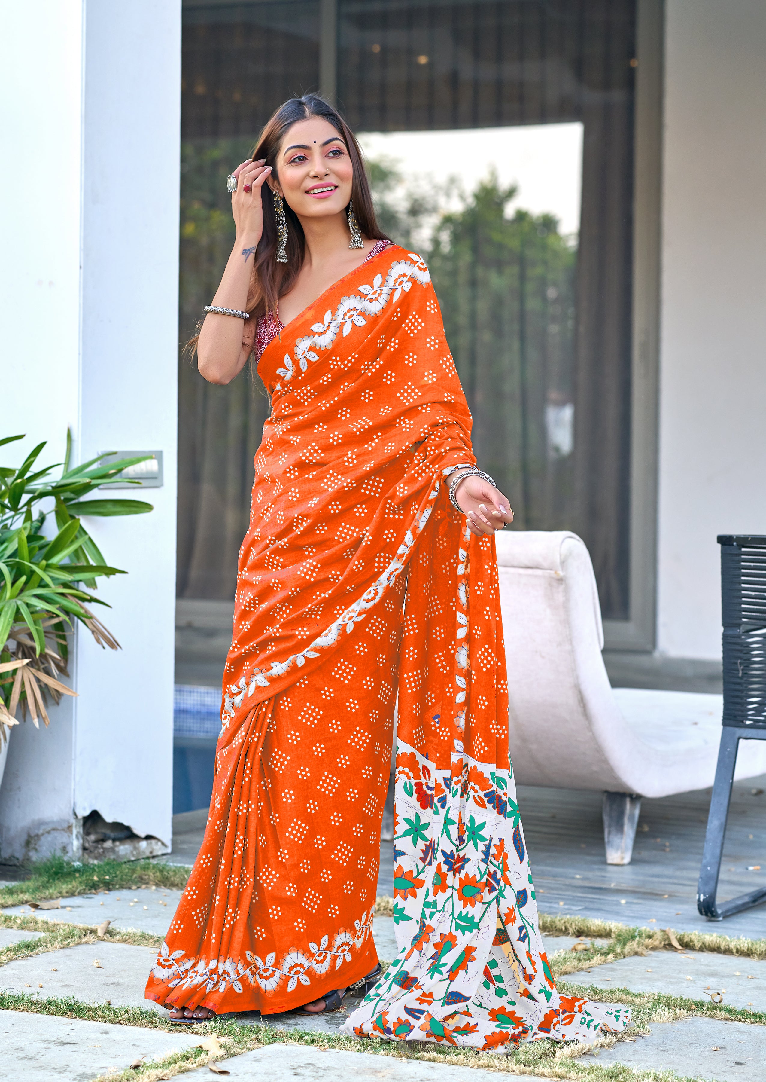 CHURI HAND BLOCK PRINT MULMUL COTTON ORANGE SAREE
