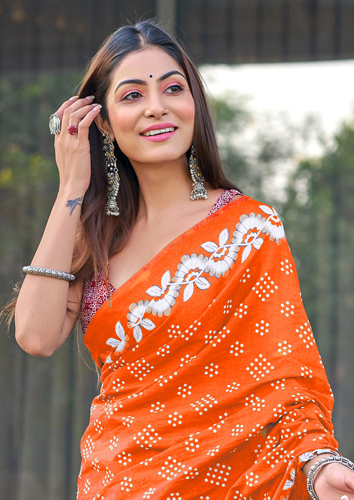 CHURI HAND BLOCK PRINT MULMUL COTTON ORANGE SAREE