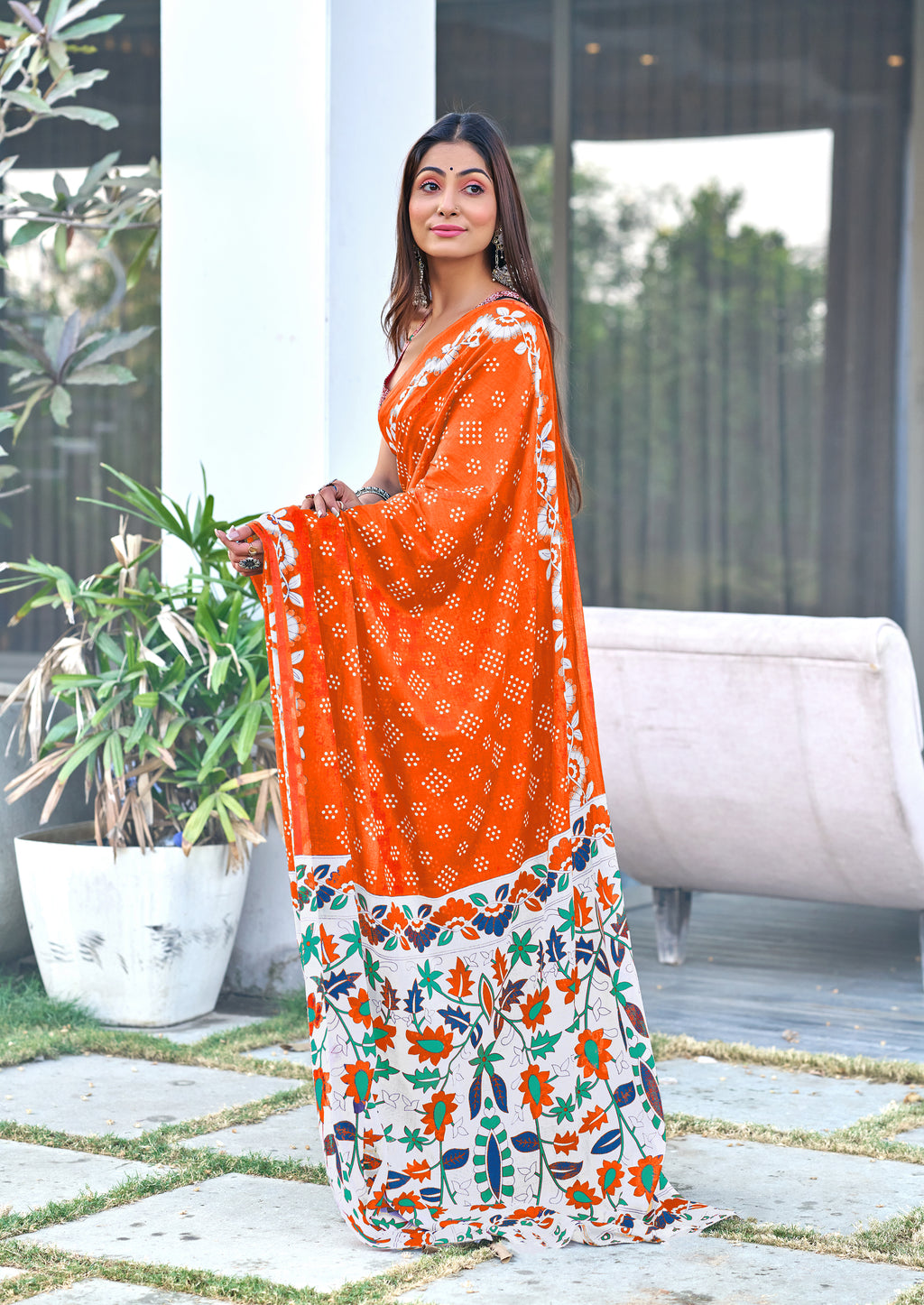 CHURI HAND BLOCK PRINT MULMUL COTTON ORANGE SAREE