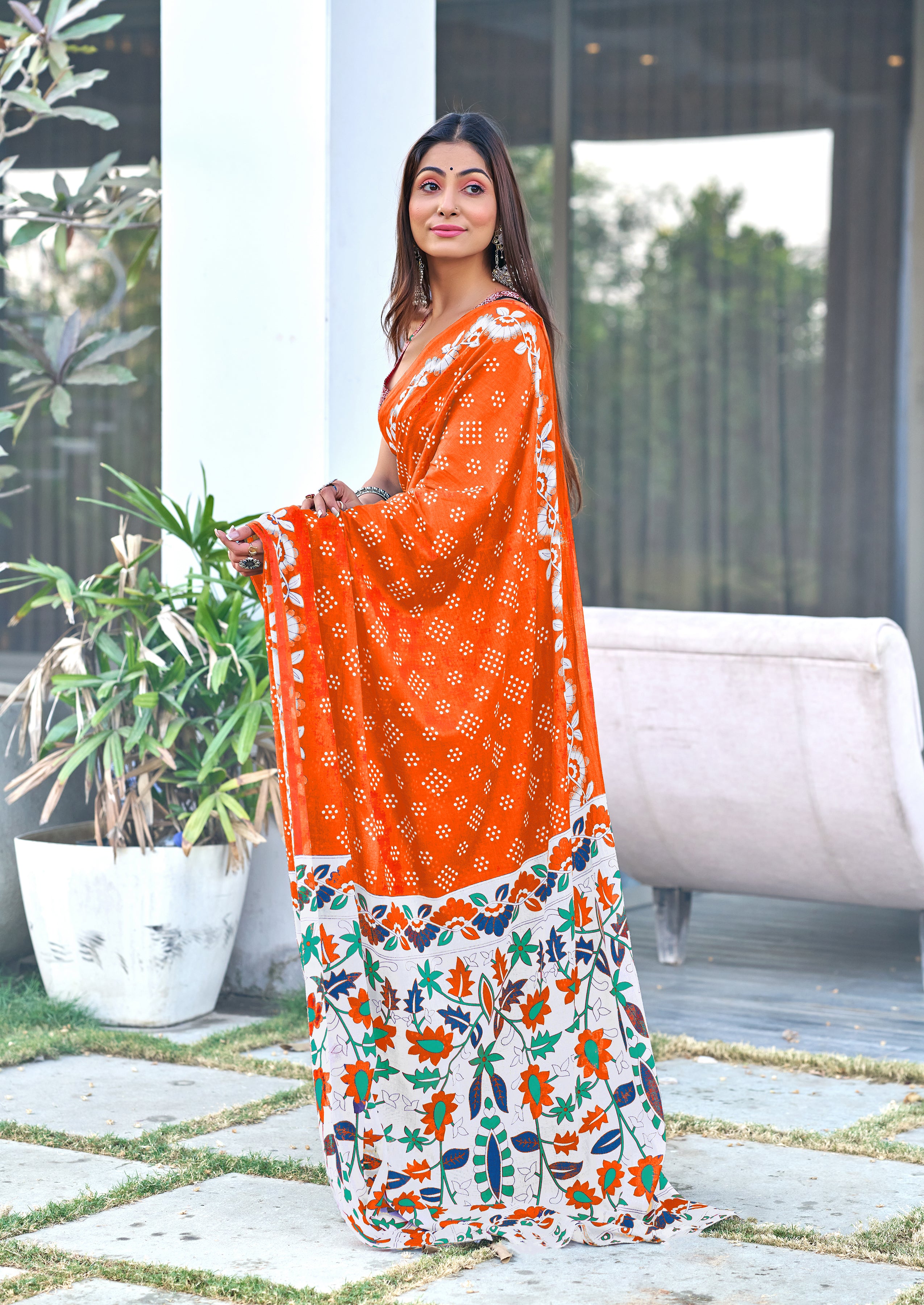 CHURI HAND BLOCK PRINT MULMUL COTTON ORANGE SAREE