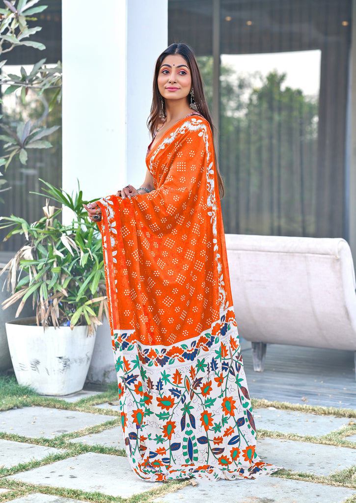 CHURI HAND BLOCK PRINT MULMUL COTTON ORANGE SAREE