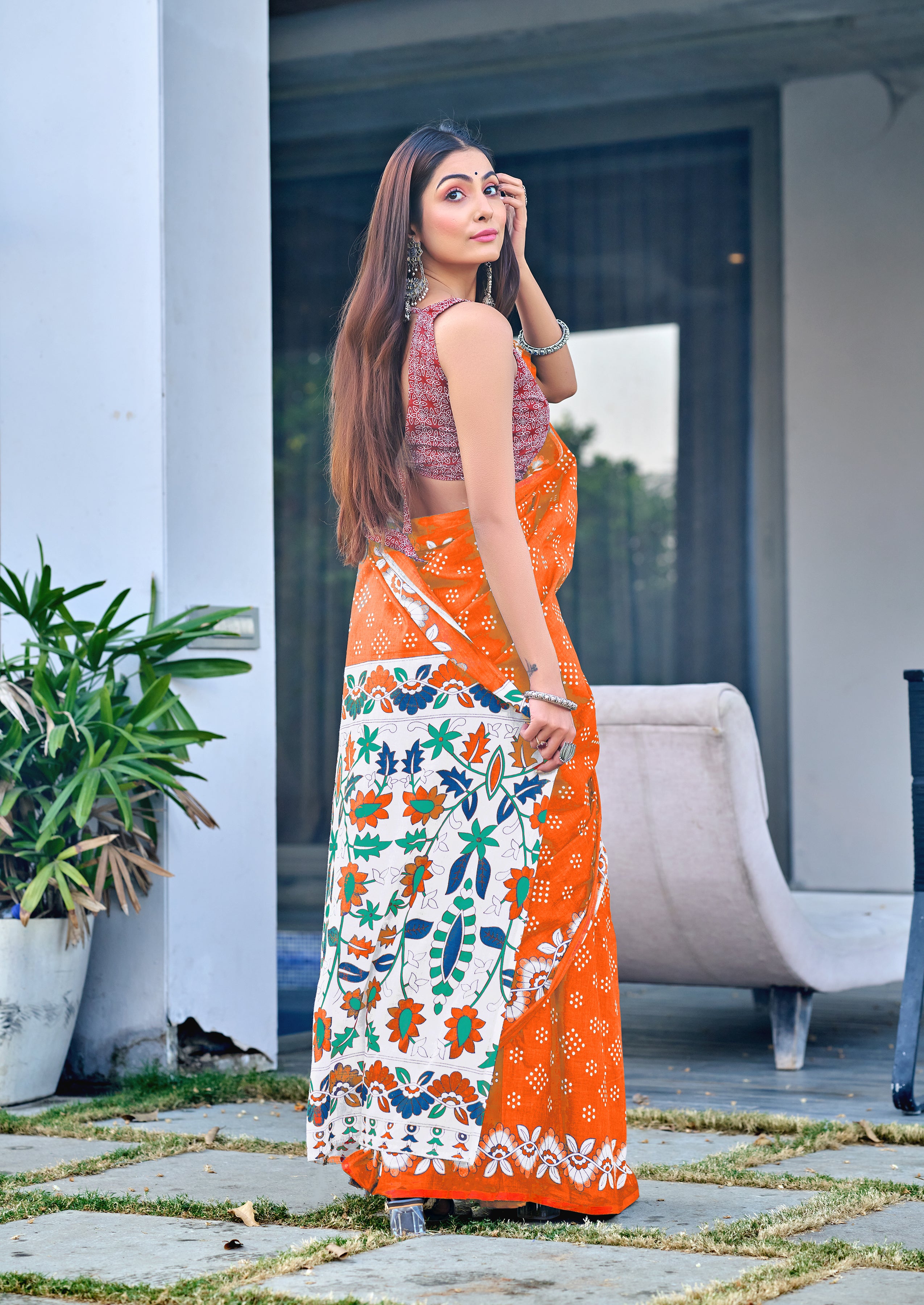 CHURI HAND BLOCK PRINT MULMUL COTTON ORANGE SAREE