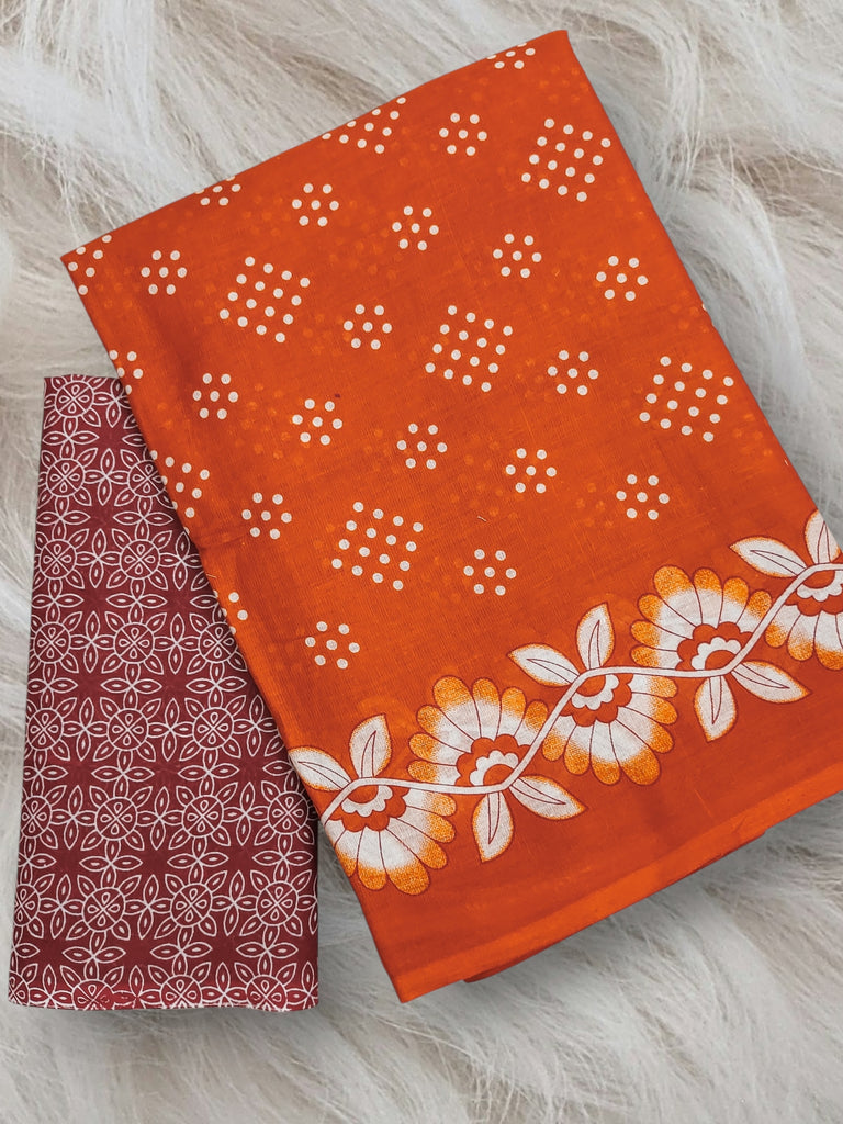 CHURI HAND BLOCK PRINT MULMUL COTTON ORANGE SAREE