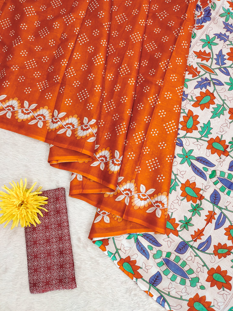 CHURI HAND BLOCK PRINT MULMUL COTTON ORANGE SAREE