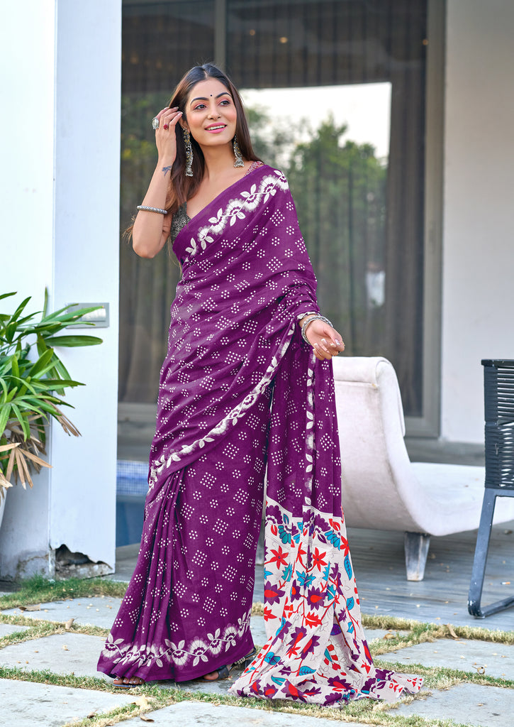 CHURI HAND BLOCK PRINT MULMUL COTTON PURPLE SAREE