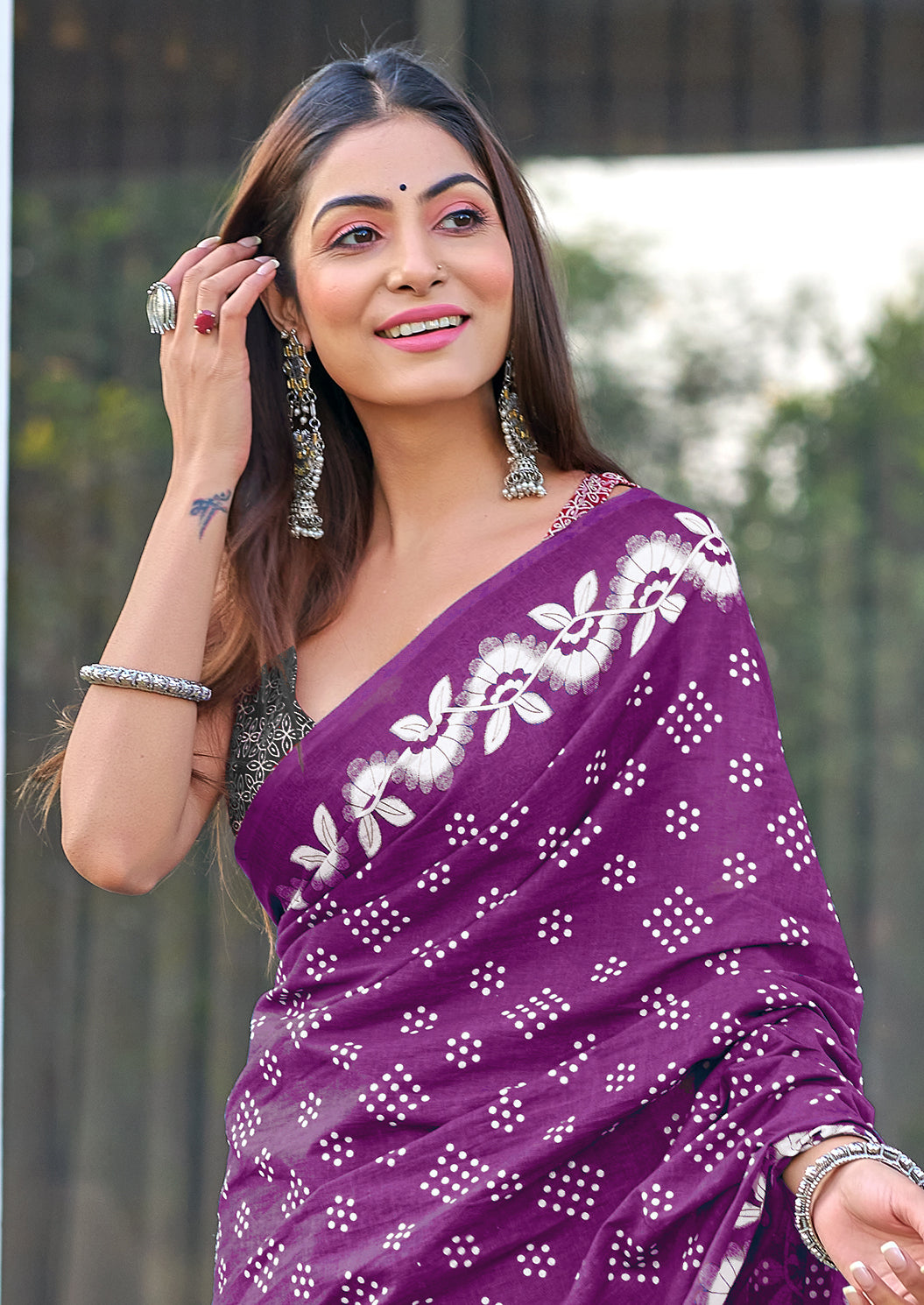 CHURI HAND BLOCK PRINT MULMUL COTTON PURPLE SAREE