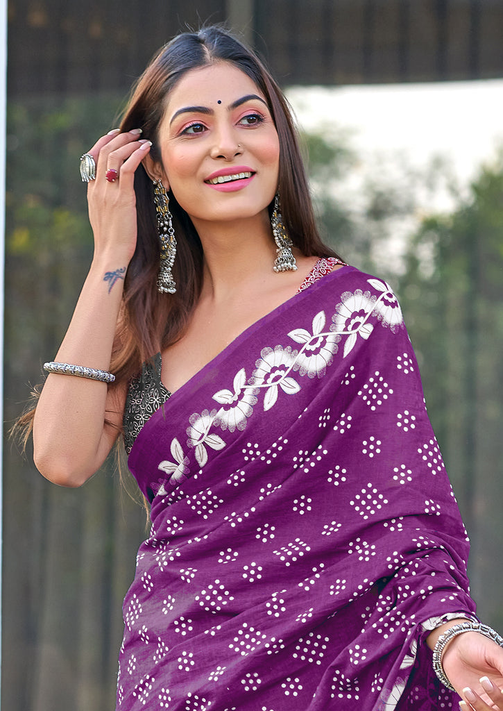 CHURI HAND BLOCK PRINT MULMUL COTTON PURPLE SAREE