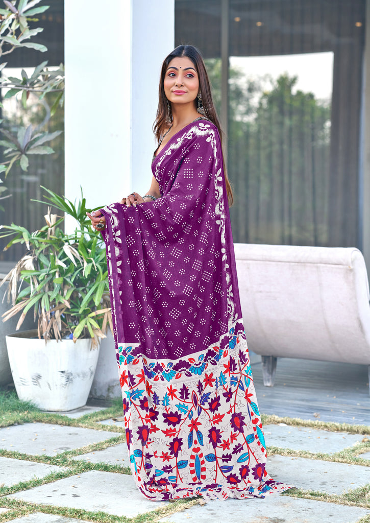 CHURI HAND BLOCK PRINT MULMUL COTTON PURPLE SAREE