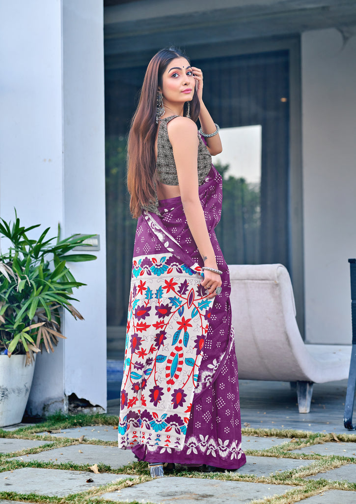 CHURI HAND BLOCK PRINT MULMUL COTTON PURPLE SAREE