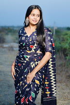 DARSHITA SOFT MULMUL COTTON IKKAT HAND BAGRU PRINTED BLUE SAREE