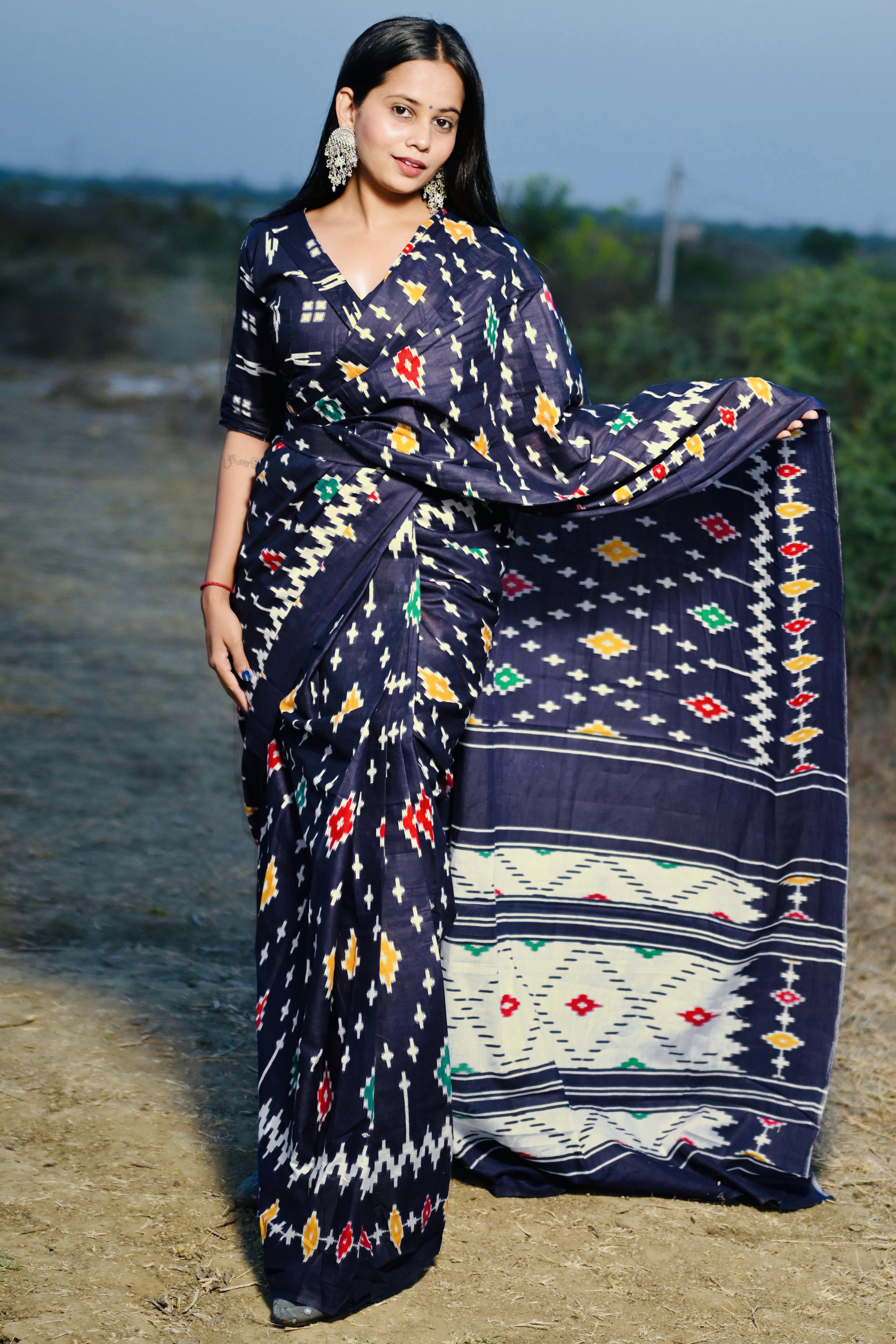 DARSHITA SOFT MULMUL COTTON IKKAT HAND BAGRU PRINTED BLUE SAREE