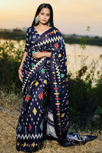 DARSHITA SOFT MULMUL COTTON IKKAT HAND BAGRU PRINTED BLUE SAREE