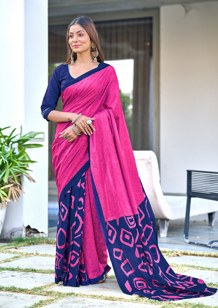 BATIK STYLE FANCY HAND BLOCK MULMUL COTTON PINK SAREE