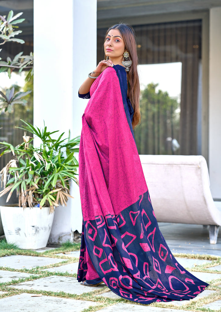 BATIK STYLE FANCY HAND BLOCK MULMUL COTTON PINK SAREE