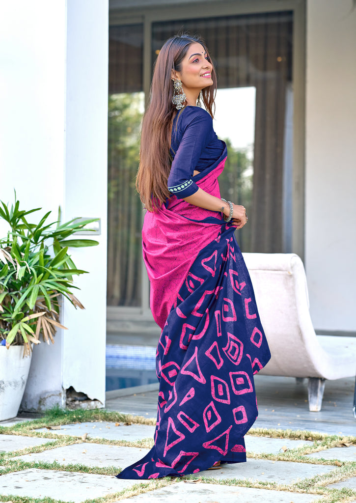 BATIK STYLE FANCY HAND BLOCK MULMUL COTTON PINK SAREE