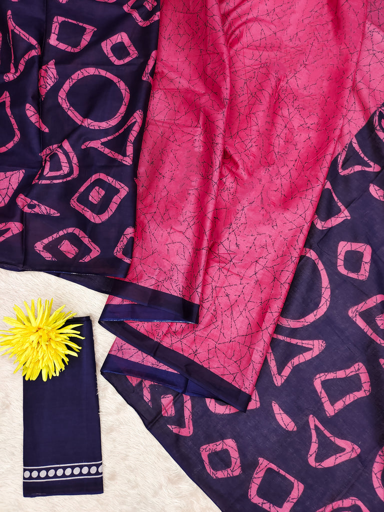 BATIK STYLE FANCY HAND BLOCK MULMUL COTTON PINK SAREE
