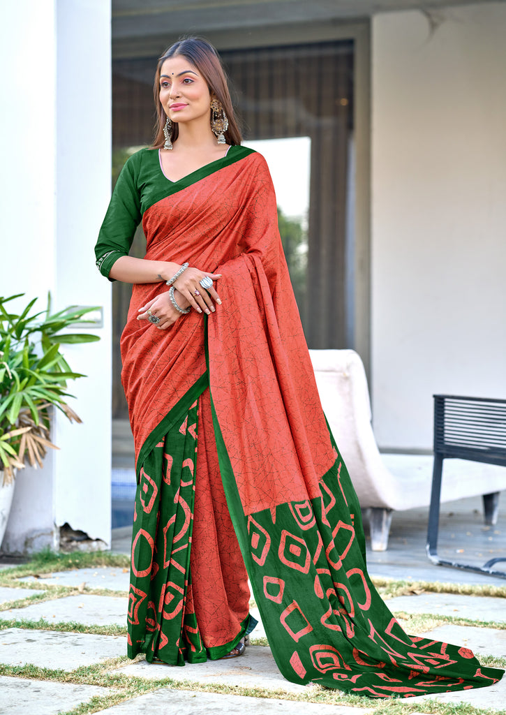 BATIK STYLE FANCY HAND BLOCK MULMUL COTTON RUST ORANGE SAREE