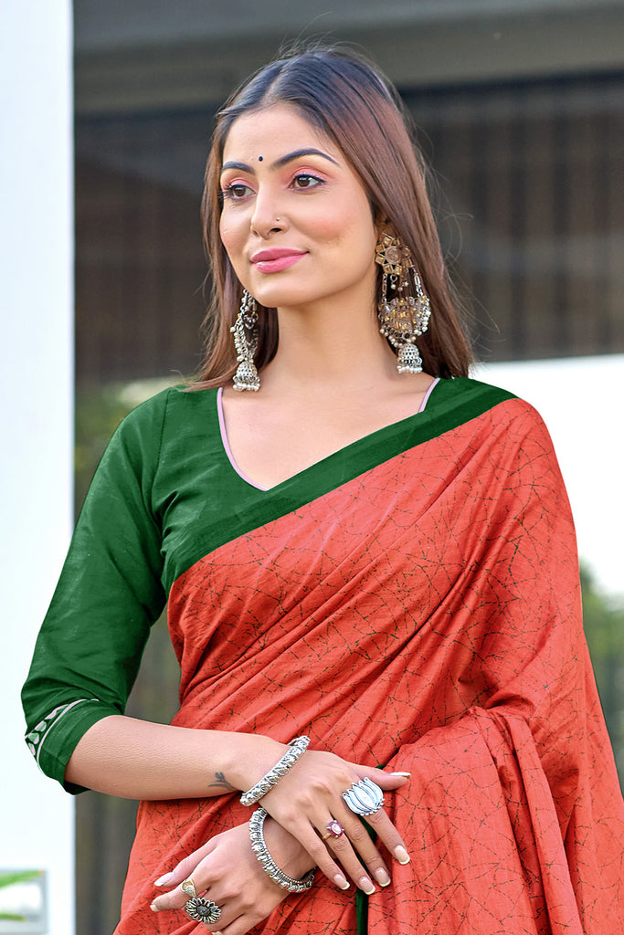 BATIK STYLE FANCY HAND BLOCK MULMUL COTTON RUST ORANGE SAREE