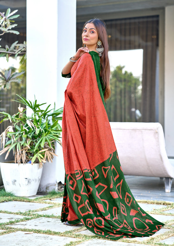 BATIK STYLE FANCY HAND BLOCK MULMUL COTTON RUST ORANGE SAREE
