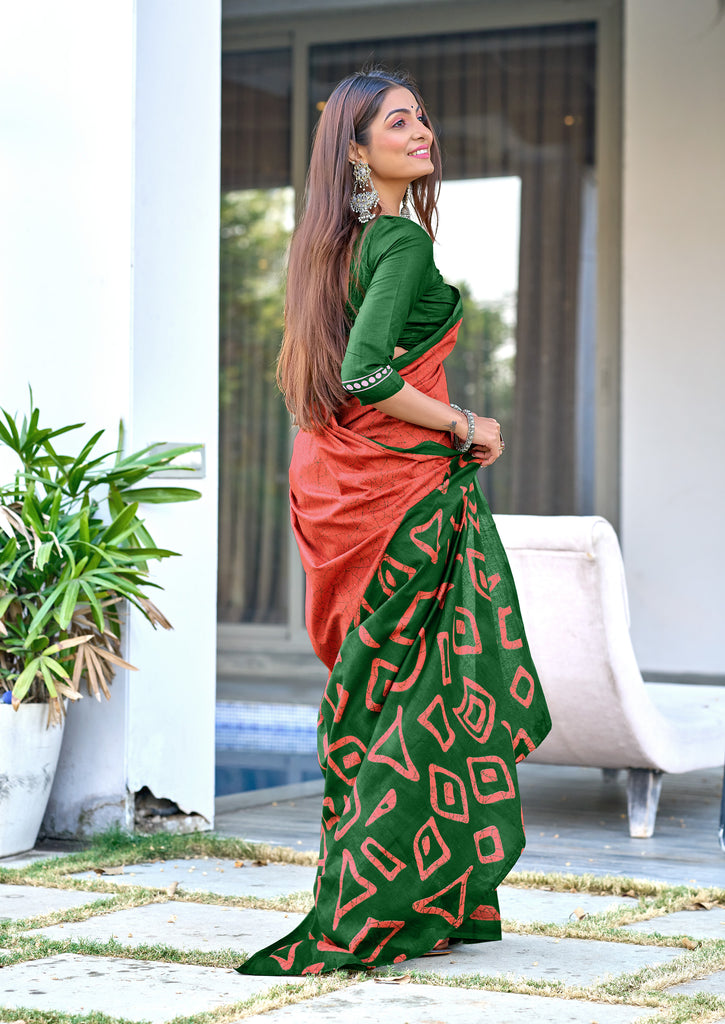 BATIK STYLE FANCY HAND BLOCK MULMUL COTTON RUST ORANGE SAREE