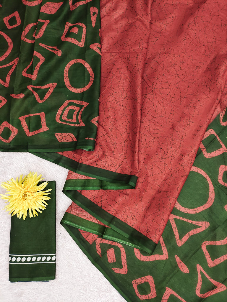 BATIK STYLE FANCY HAND BLOCK MULMUL COTTON RUST ORANGE SAREE