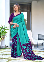 BATIK STYLE FANCY HAND BLOCK MULMUL COTTON TEAL GREEN SAREE