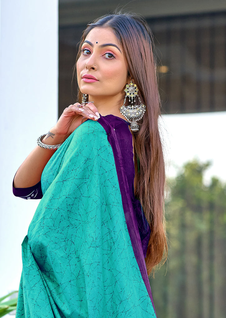 BATIK STYLE FANCY HAND BLOCK MULMUL COTTON TEAL GREEN SAREE