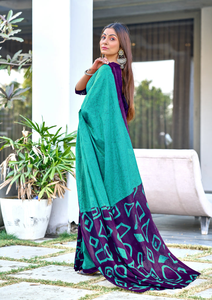 BATIK STYLE FANCY HAND BLOCK MULMUL COTTON TEAL GREEN SAREE