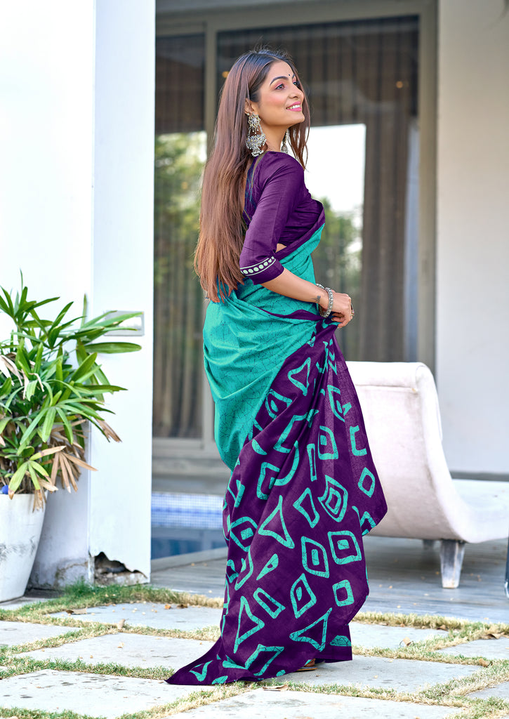 BATIK STYLE FANCY HAND BLOCK MULMUL COTTON TEAL GREEN SAREE