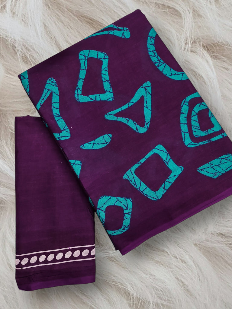 BATIK STYLE FANCY HAND BLOCK MULMUL COTTON TEAL GREEN SAREE