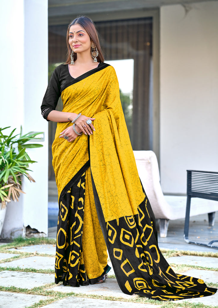 BATIK STYLE FANCY HAND BLOCK MULMUL COTTON YELLOW SAREE