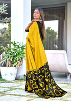 BATIK STYLE FANCY HAND BLOCK MULMUL COTTON YELLOW SAREE