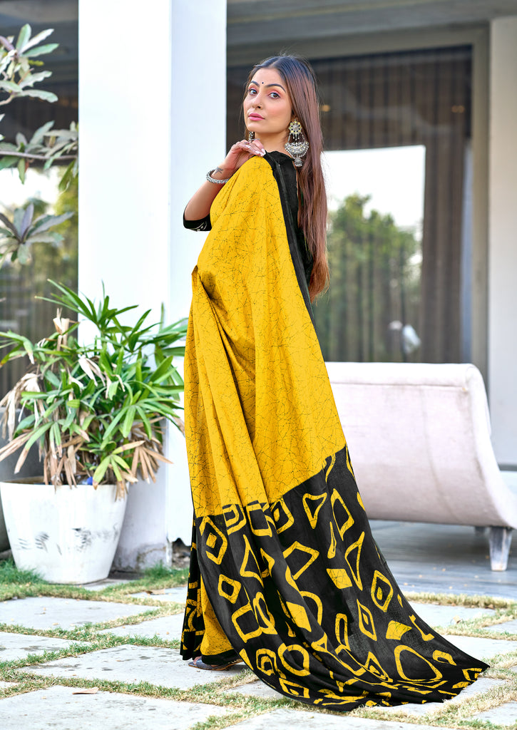 BATIK STYLE FANCY HAND BLOCK MULMUL COTTON YELLOW SAREE