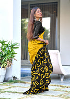 BATIK STYLE FANCY HAND BLOCK MULMUL COTTON YELLOW SAREE