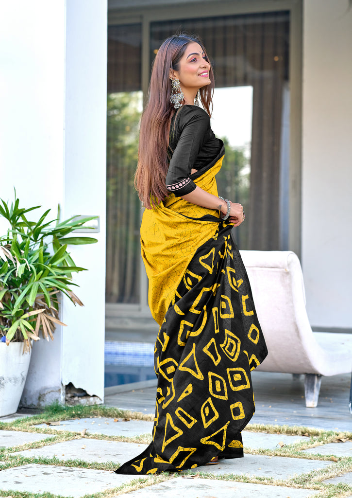 BATIK STYLE FANCY HAND BLOCK MULMUL COTTON YELLOW SAREE