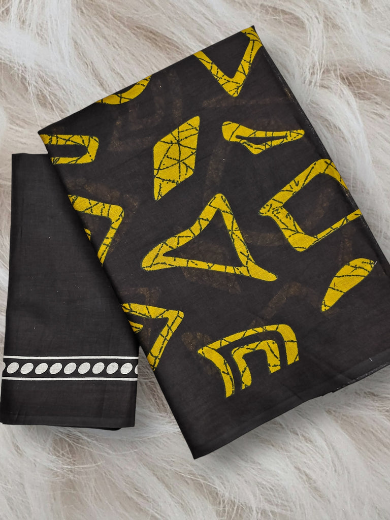 BATIK STYLE FANCY HAND BLOCK MULMUL COTTON YELLOW SAREE