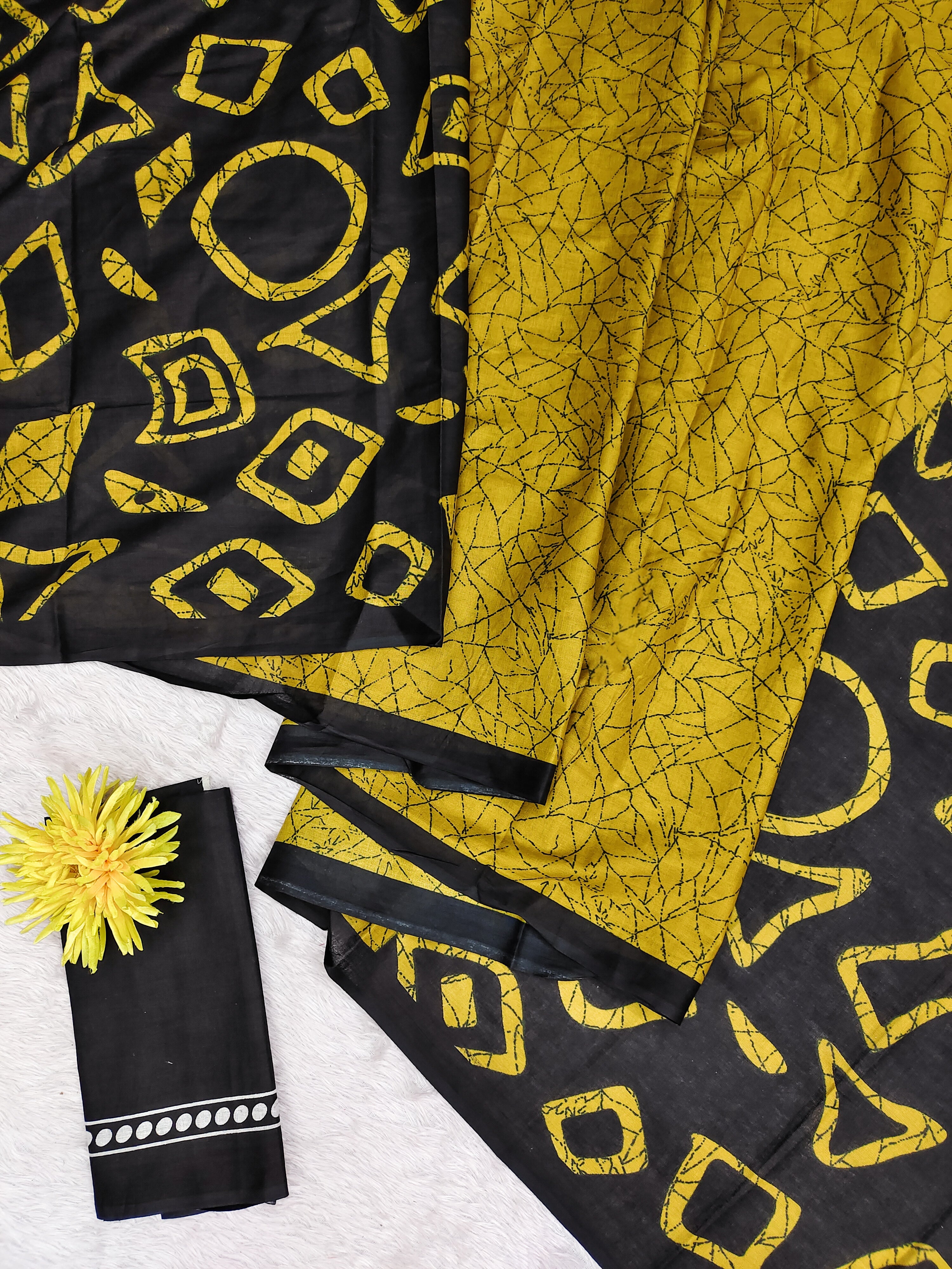 BATIK STYLE FANCY HAND BLOCK MULMUL COTTON YELLOW SAREE